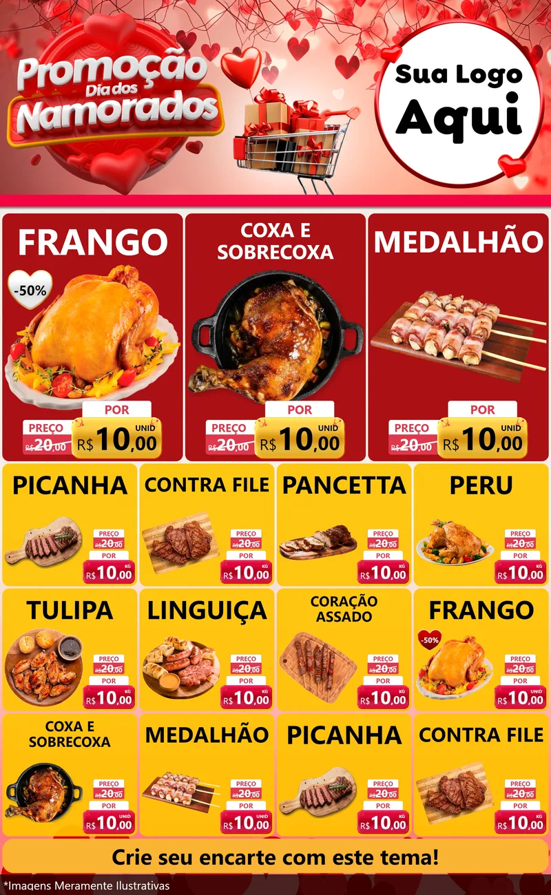 Modelo de Encarte para Encarte Grande com o tema Promoção Dia dos Namorados para Assados