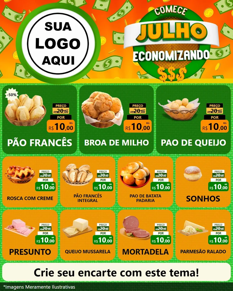 Modelo de Rede Social para Feed Instagram com o tema Comece Julho Economizando para Padaria
