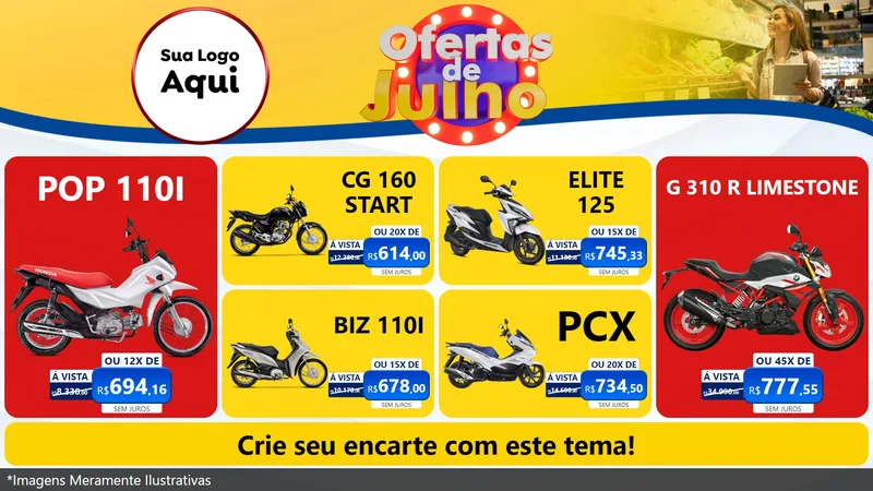 Modelo de TV para TV Horizontal com o tema Ofertas de Julho para Concessionaria de Motos