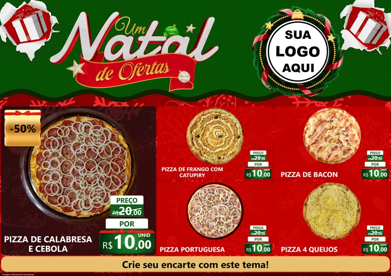 Modelo de Encarte para Encarte A4 Horizontal com o tema Um Natal de Ofertas para Pizzaria