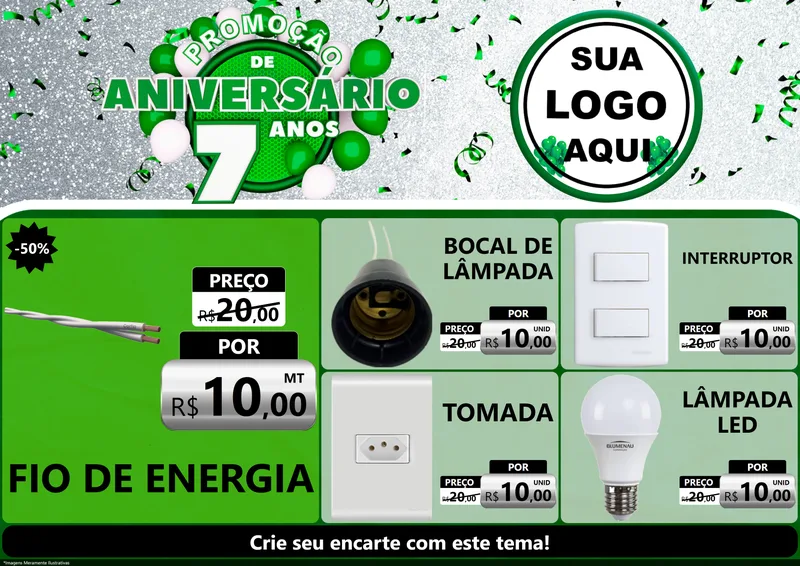 Modelo de Encarte para Encarte A4 Horizontal com o tema Promoção de Aniversário - 7 Anos para Materiais Elétricos