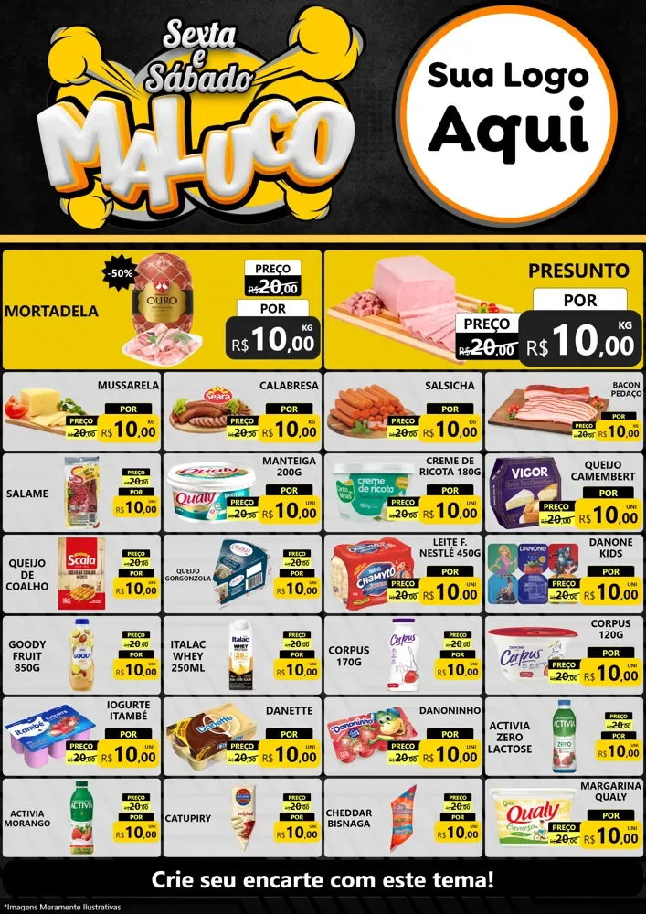 Modelo de Encarte para Encarte A4 Vertical com o tema Sexta e Sábado Maluco para Frios e Laticínios