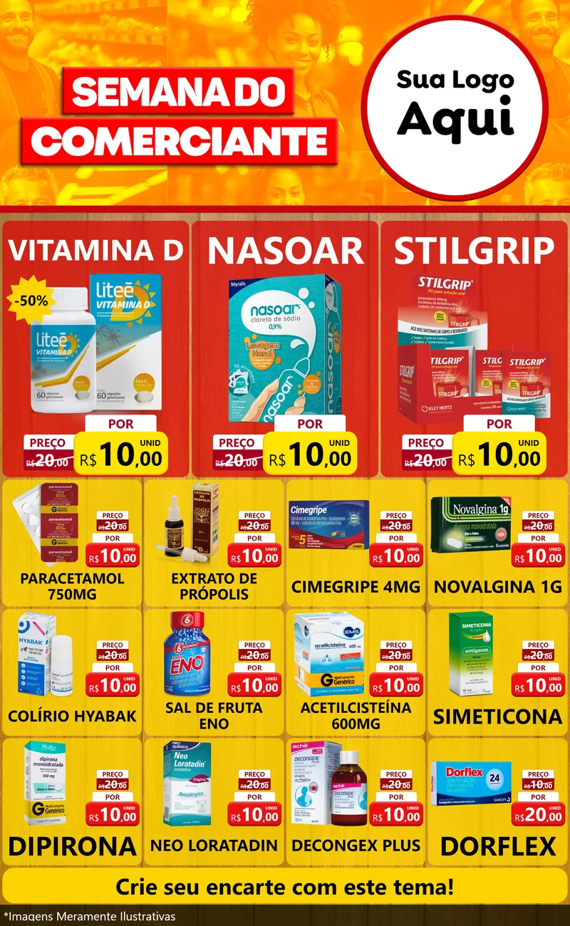 Modelo de Encarte para Encarte Grande com o tema Semana do Comerciante para Farmácia