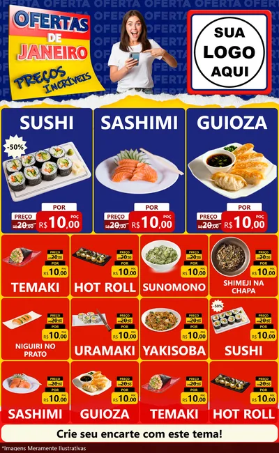 Modelo de Encarte para Encarte Grande com o tema Ofertas de Janeiro - Preços Incríveis para Comida japonesa