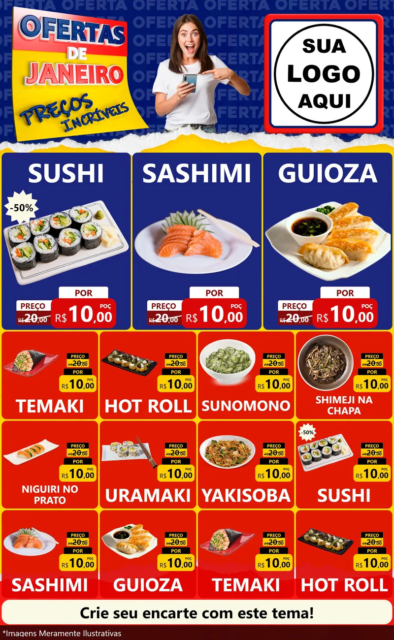 Modelo de Encarte para Encarte Grande com o tema Ofertas de Janeiro - Preços Incríveis para Comida japonesa
