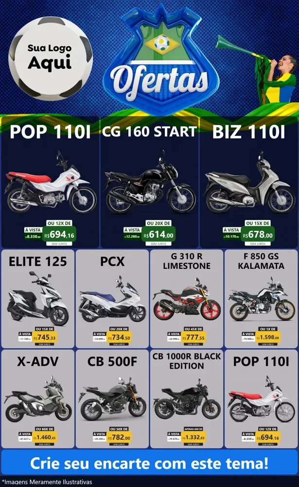 Modelo de Encarte para Encarte Grande com o tema Ofertas (Futebol) para Concessionaria de Motos