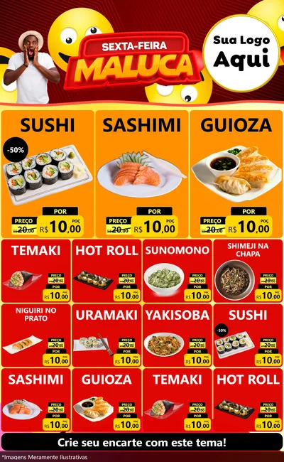 Modelo de Encarte para Encarte Grande com o tema Sexta-feira Maluca para Comida japonesa