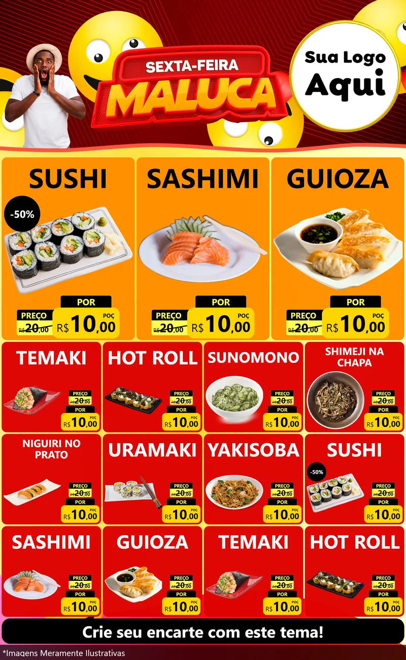 Modelo de Encarte para Encarte Grande com o tema Sexta-feira Maluca para Comida japonesa