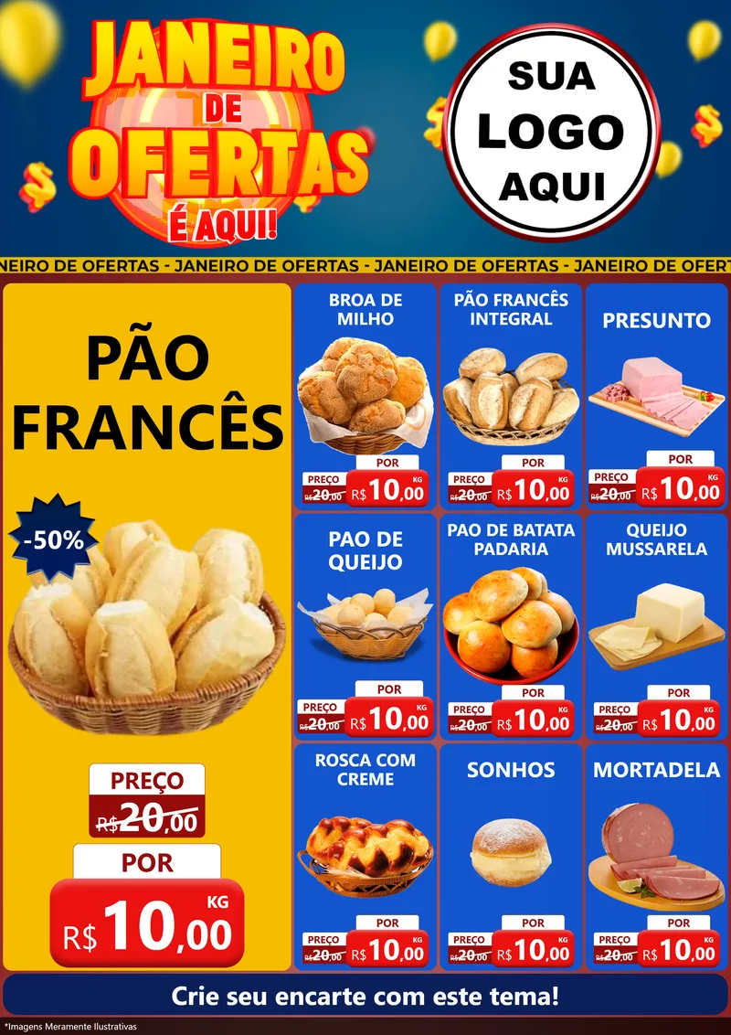 Modelo de Encarte para Encarte A4 Vertical com o tema Janeiro de Ofertas É Aqui! para Padaria