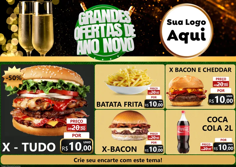 Modelo de Encarte para Encarte A4 Horizontal com o tema Grandes Ofertas de Ano Novo para Hamburgueria