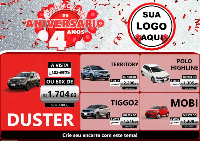 Modelo de Encarte para Encarte A4 Horizontal com o tema Promoção de Aniversário - 4 Anos para Concessionaria de Carros