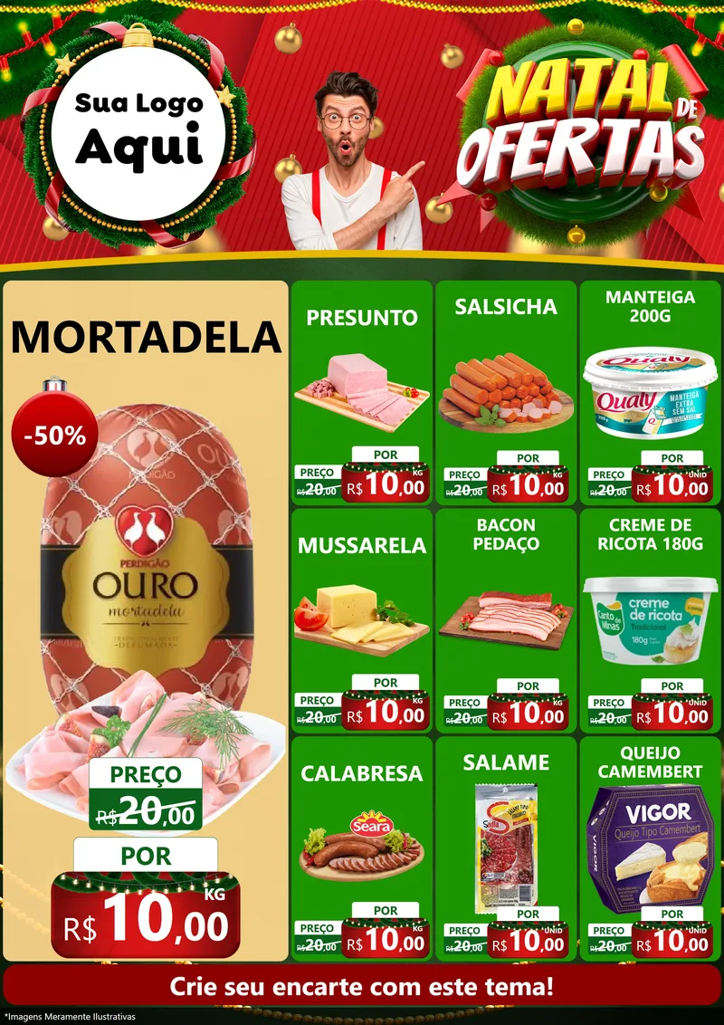 Modelo de Encarte para Encarte A4 Vertical com o tema Natal de Ofertas para Frios e Laticínios