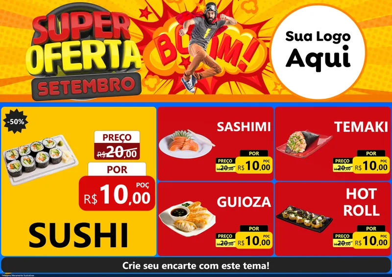Modelo de Encarte para Encarte A4 Horizontal com o tema Super Oferta Setembro para Comida japonesa