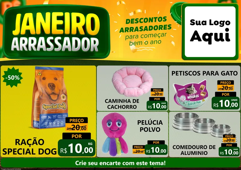 Modelo de Encarte para Encarte A4 Horizontal com o tema Janeiro Arrasador para Pet Shop