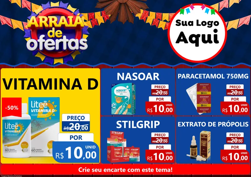 Modelo de Encarte para Encarte A4 Horizontal com o tema Arraiá de Ofertas para Farmácia