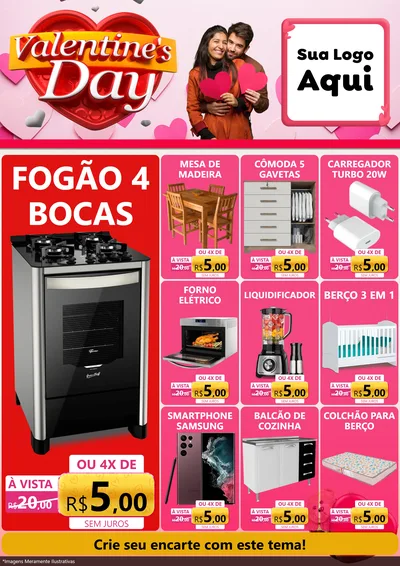 Modelo de Encarte para Encarte A4 Vertical com o tema Valentine's Day para Móveis e Eletro