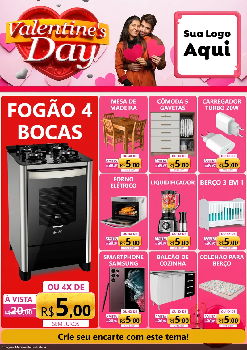 Modelo de Encarte para Encarte A4 Vertical com o tema Valentine's Day para Móveis e Eletro