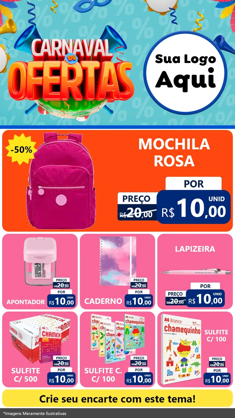 Modelo de Rede Social para Stories com o tema Carnaval de Ofertas para Papelaria