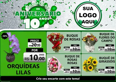 Modelo de Encarte para Encarte A4 Horizontal com o tema Promoção de Aniversário - 10 Anos para Floricultura e jardim