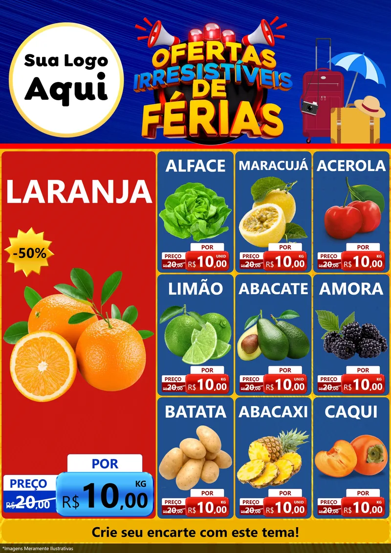Modelo de Encarte para Encarte A4 Vertical com o tema Ofertas Irresistíveis de Férias para Hortifrúti