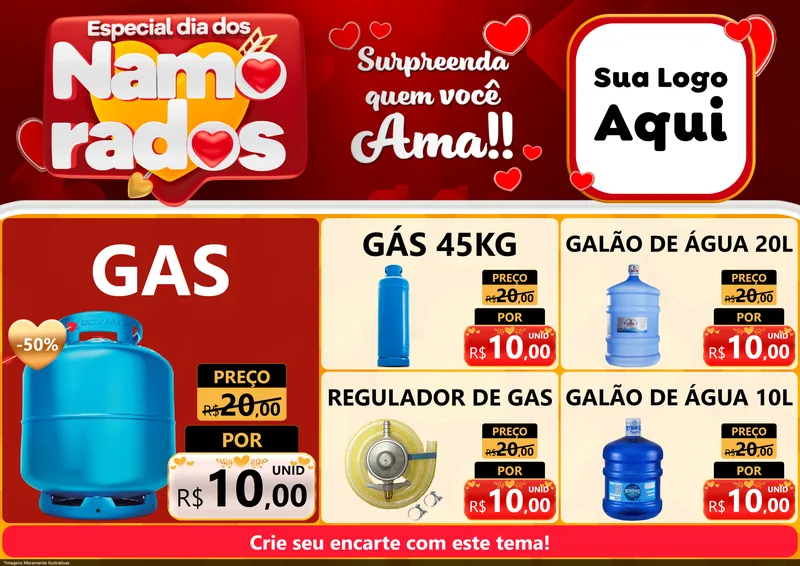 Modelo de Encarte para Encarte A4 Horizontal com o tema Especial Dia dos Namorados para Água e gás