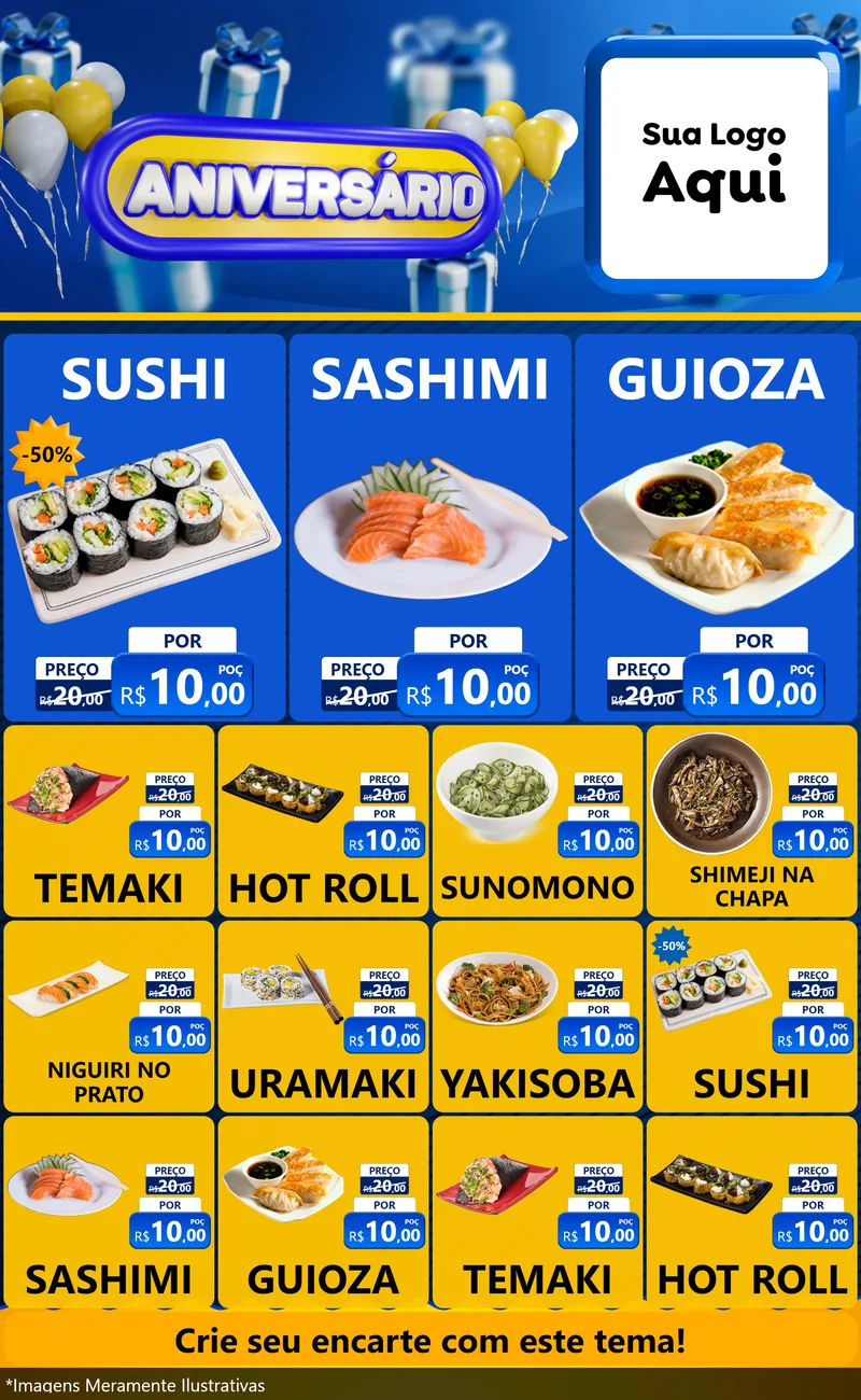 Modelo de Encarte para Encarte Grande com o tema Aniversário para Comida japonesa
