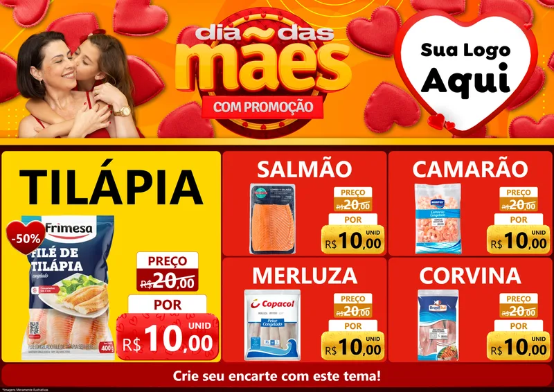 Modelo de Encarte para Encarte A4 Horizontal com o tema Dia das Mães com Promoção para Peixaria