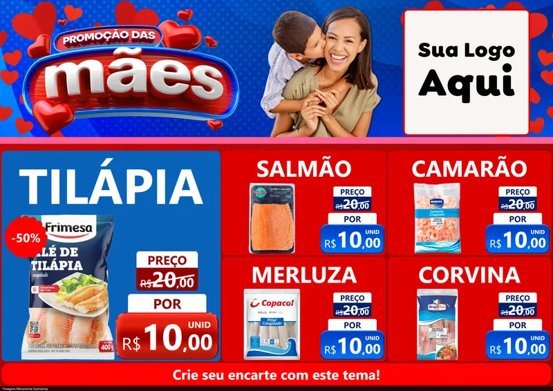 Modelo de Encarte para Encarte A4 Horizontal com o tema Promoção das Mães para Peixaria