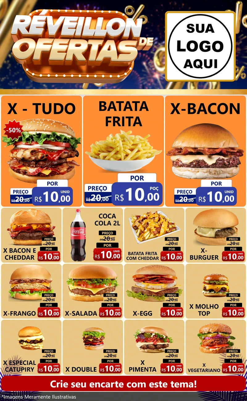 Modelo de Encarte para Encarte Grande com o tema Réveillon de Ofertas para Hamburgueria