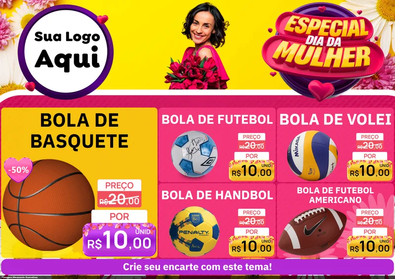 Modelo de Encarte para Encarte A4 Horizontal com o tema Especial Dia da Mulher para Artigos Esportivos