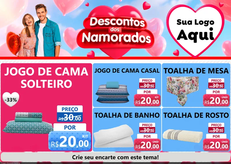 Modelo de Encarte para Encarte A4 Horizontal com o tema Descontos dos Namorados para Cama, Mesa e Banho