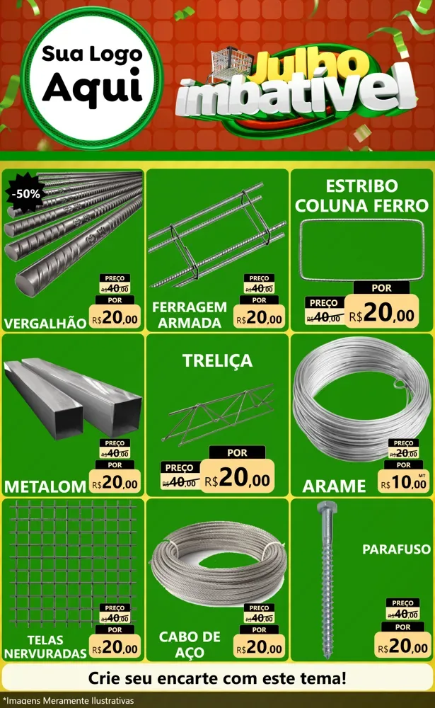 Modelo de Encarte para Encarte Grande com o tema Julho Imbatível para Ferragens