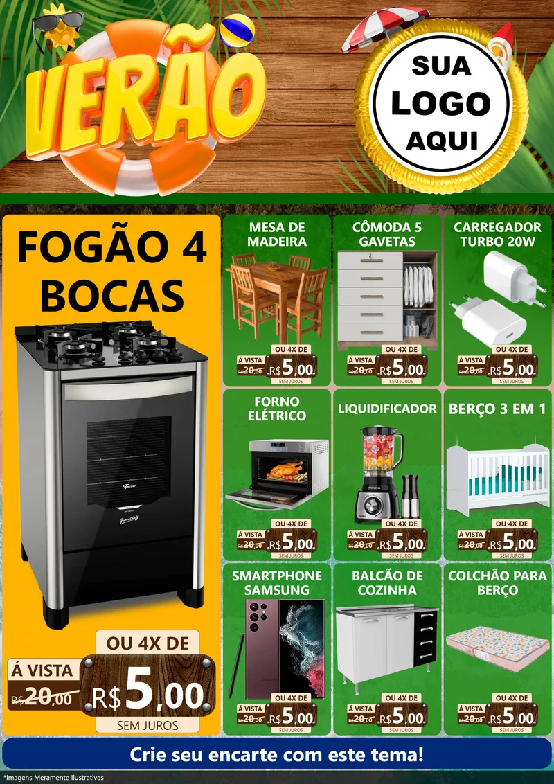 Modelo de Encarte para Encarte A4 Vertical com o tema Verão para Móveis e Eletro