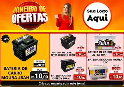 Modelo de Encarte para Encarte A4 Horizontal com o tema Janeiro de Ofertas para Baterias Elétricas
