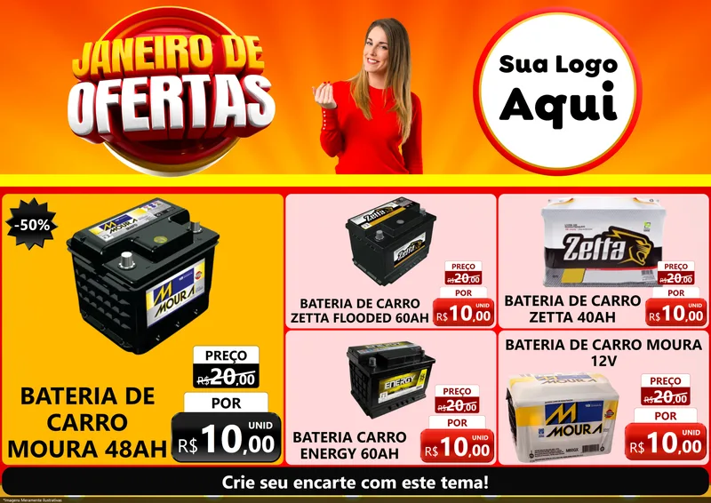 Modelo de Encarte para Encarte A4 Horizontal com o tema Janeiro de Ofertas para Baterias Elétricas