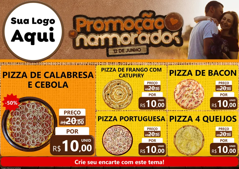 Modelo de Encarte para Encarte A4 Horizontal com o tema Promoção Namorados para Pizzaria