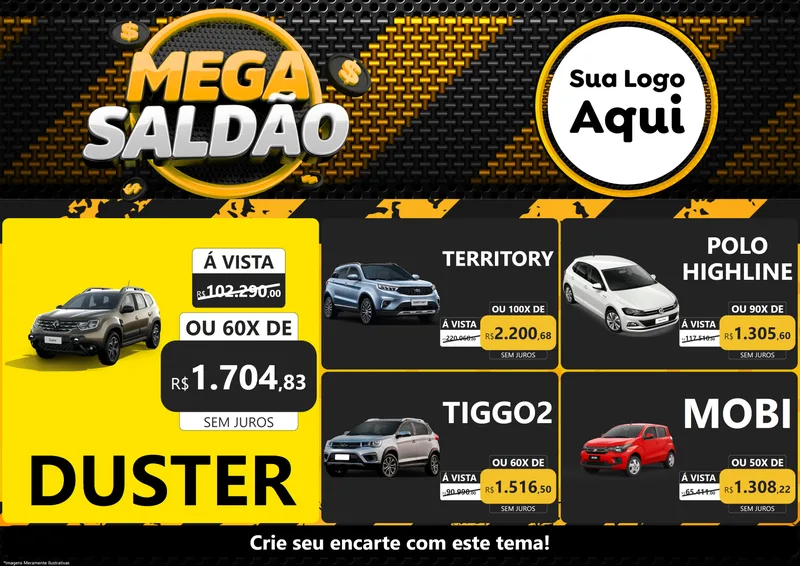 Modelo de Encarte para Encarte A4 Horizontal com o tema Mega Saldão para Concessionaria de Carros