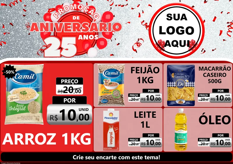 Modelo de Encarte para Encarte A4 Horizontal com o tema Promoção de Aniversário - 25Anos para Supermercado