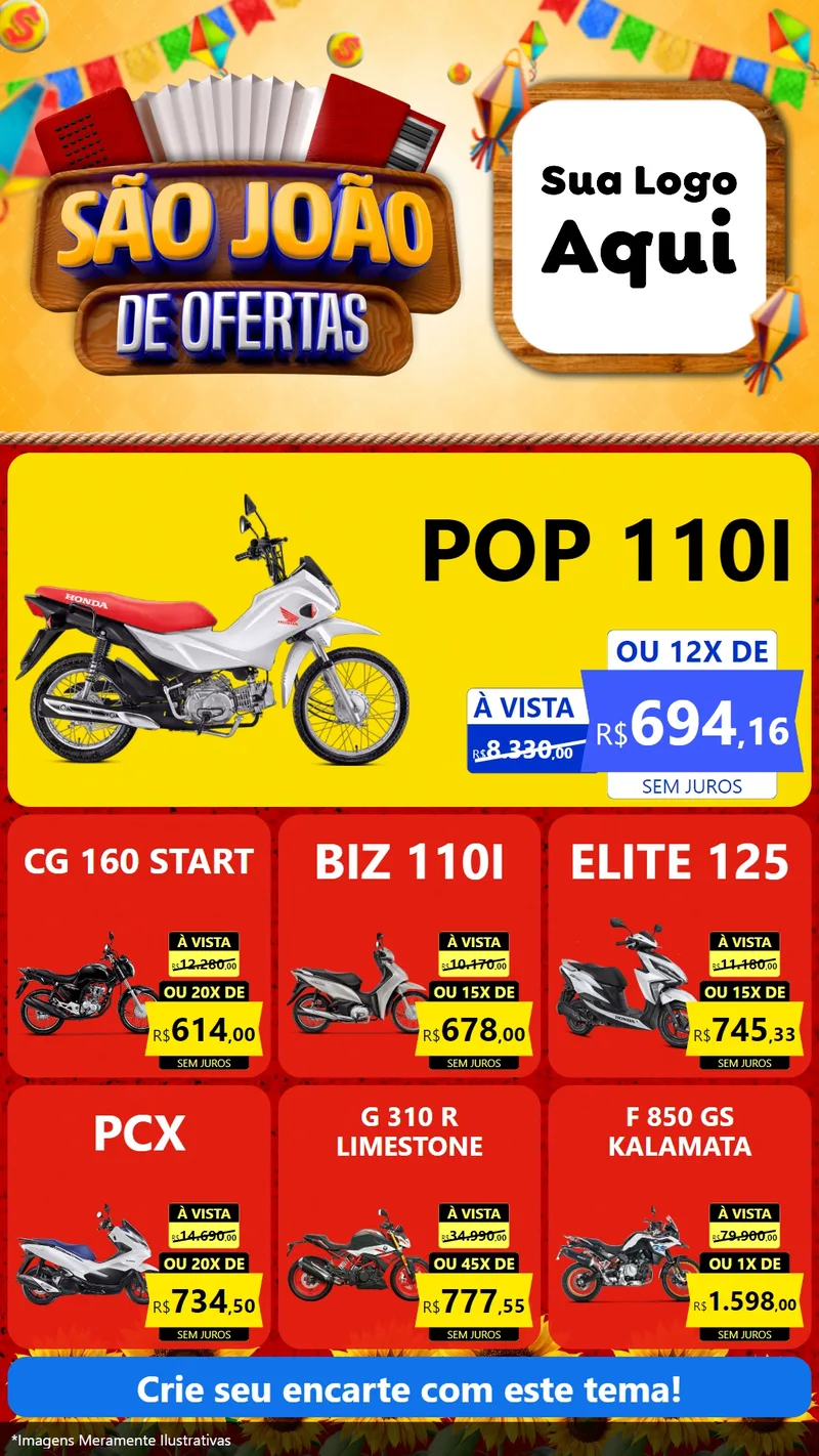 Modelo de Rede Social para Stories com o tema São João de Ofertas para Concessionaria de Motos