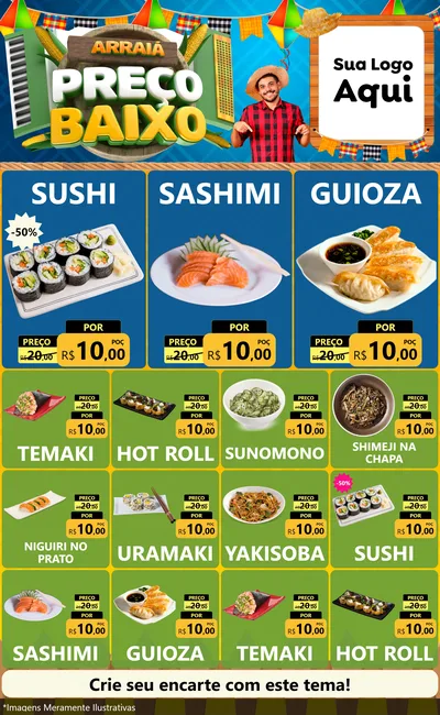 Modelo de Encarte para Encarte Grande com o tema Arraiá de Preço Baixo - Junina para Comida japonesa