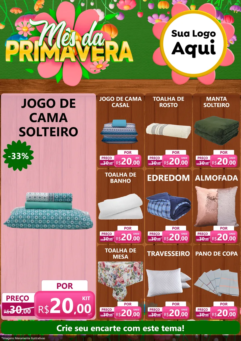 Modelo de Encarte para Encarte A4 Vertical com o tema Mês da Primavera para Cama, Mesa e Banho