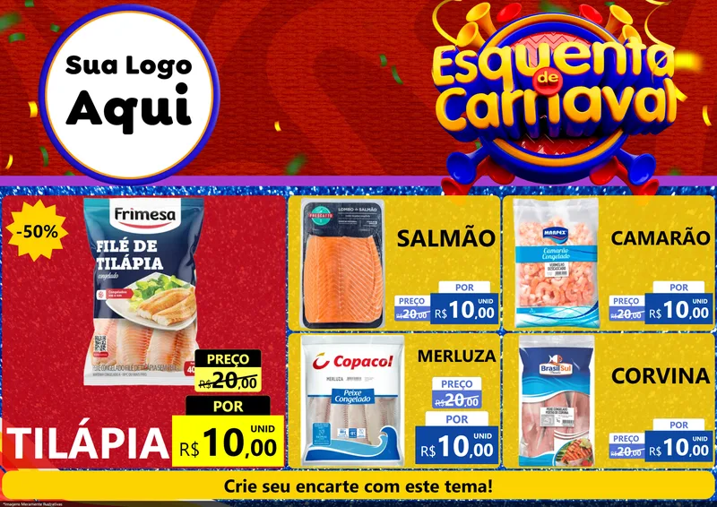 Modelo de Encarte para Encarte A4 Horizontal com o tema Esquenta de Carnaval para Peixaria