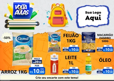 Modelo de Encarte para Encarte A4 Horizontal com o tema Volta às Aulas para Supermercado