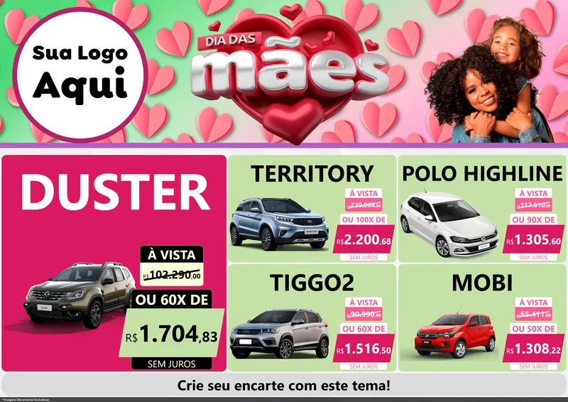 Modelo de Encarte para Encarte A4 Horizontal com o tema Dia das Mães para Concessionaria de Carros