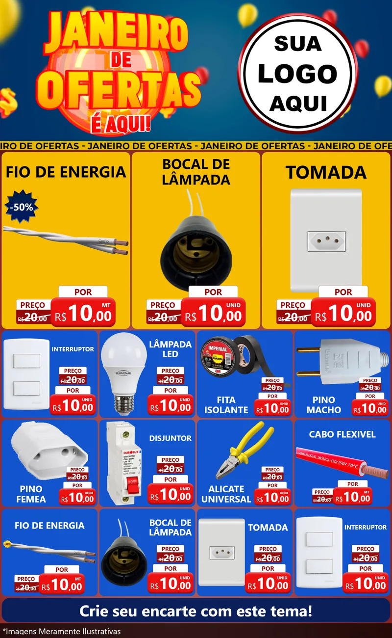 Modelo de Encarte para Encarte Grande com o tema Janeiro de Ofertas É Aqui! para Materiais Elétricos
