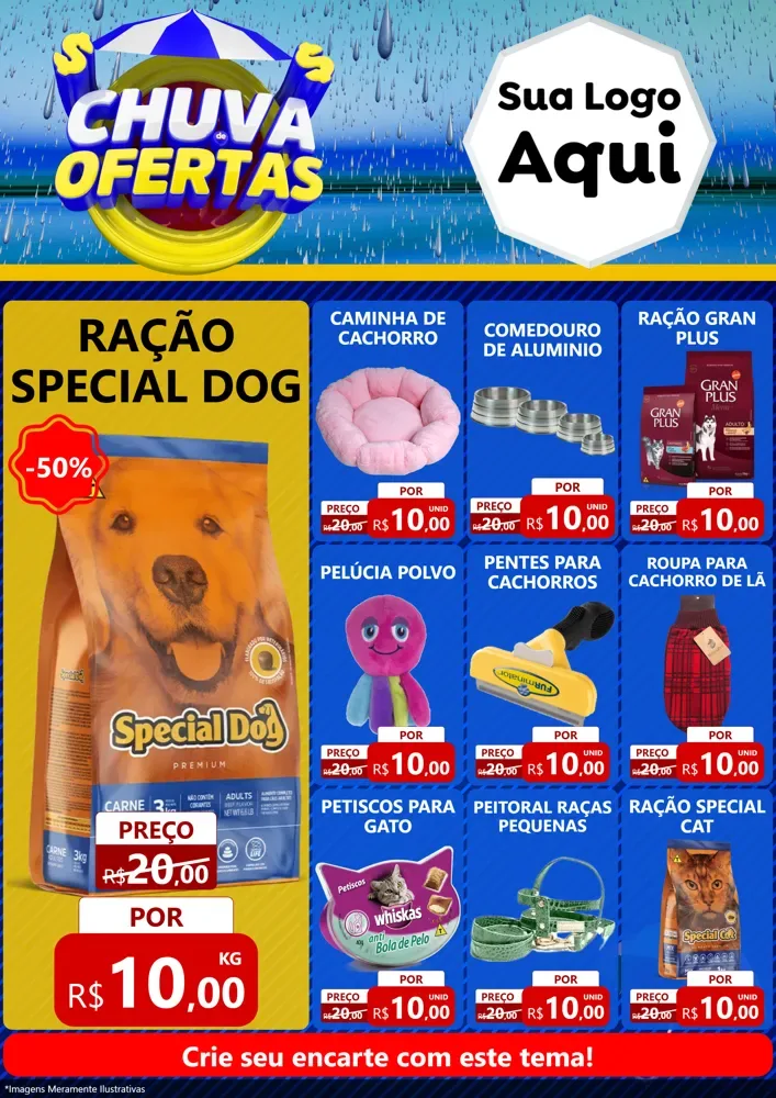 Modelo de Encarte para Encarte A4 Vertical com o tema Chuva de Ofertas para Pet Shop