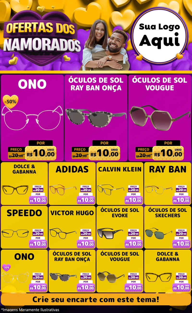 Modelo de Encarte para Encarte Grande com o tema Oferta Dos Namorados para Óticas