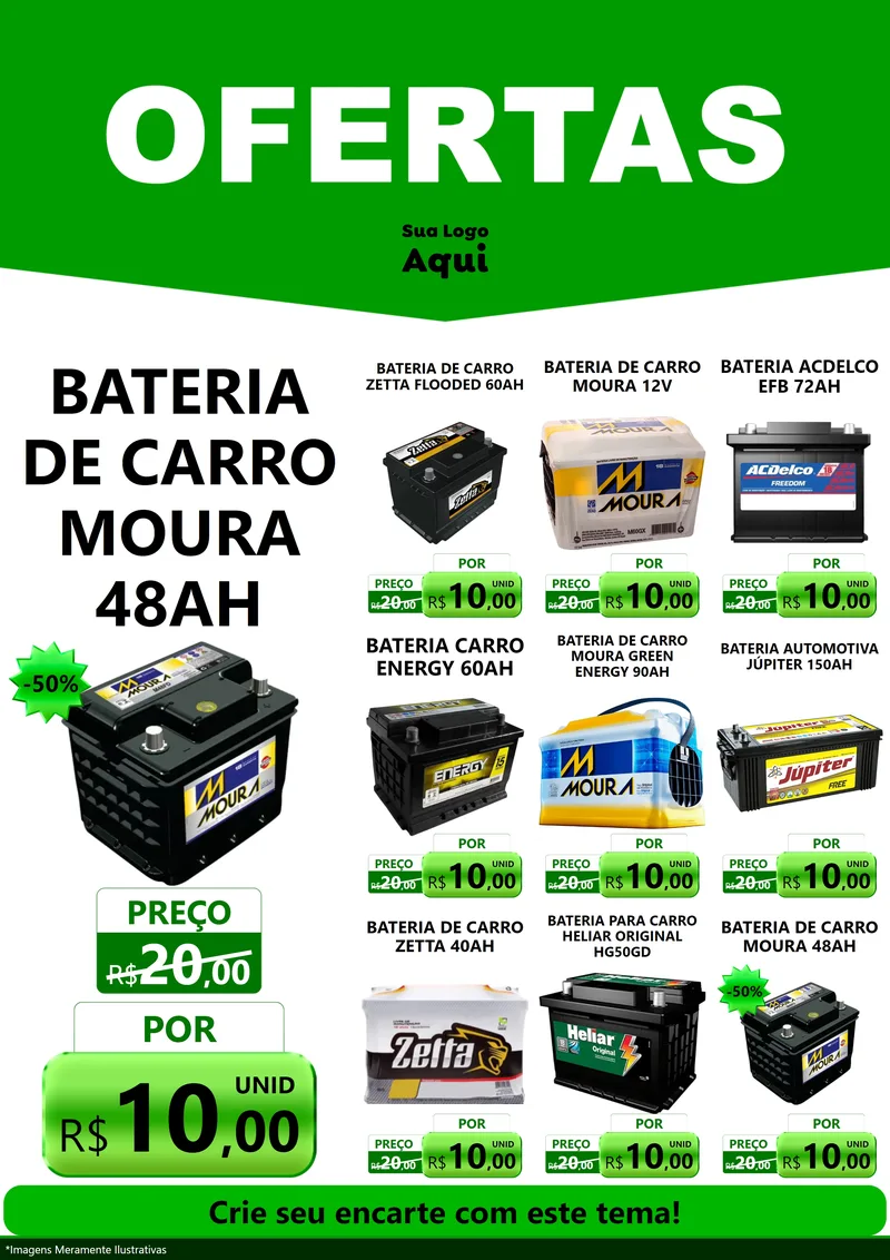 Modelo de Encarte para Encarte A4 Vertical com o tema Ofertas Verde Cartaz para Baterias Elétricas