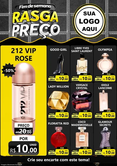 Modelo de Encarte para Encarte A4 Vertical com o tema Fim de Semana Rasga Preço para Perfumes