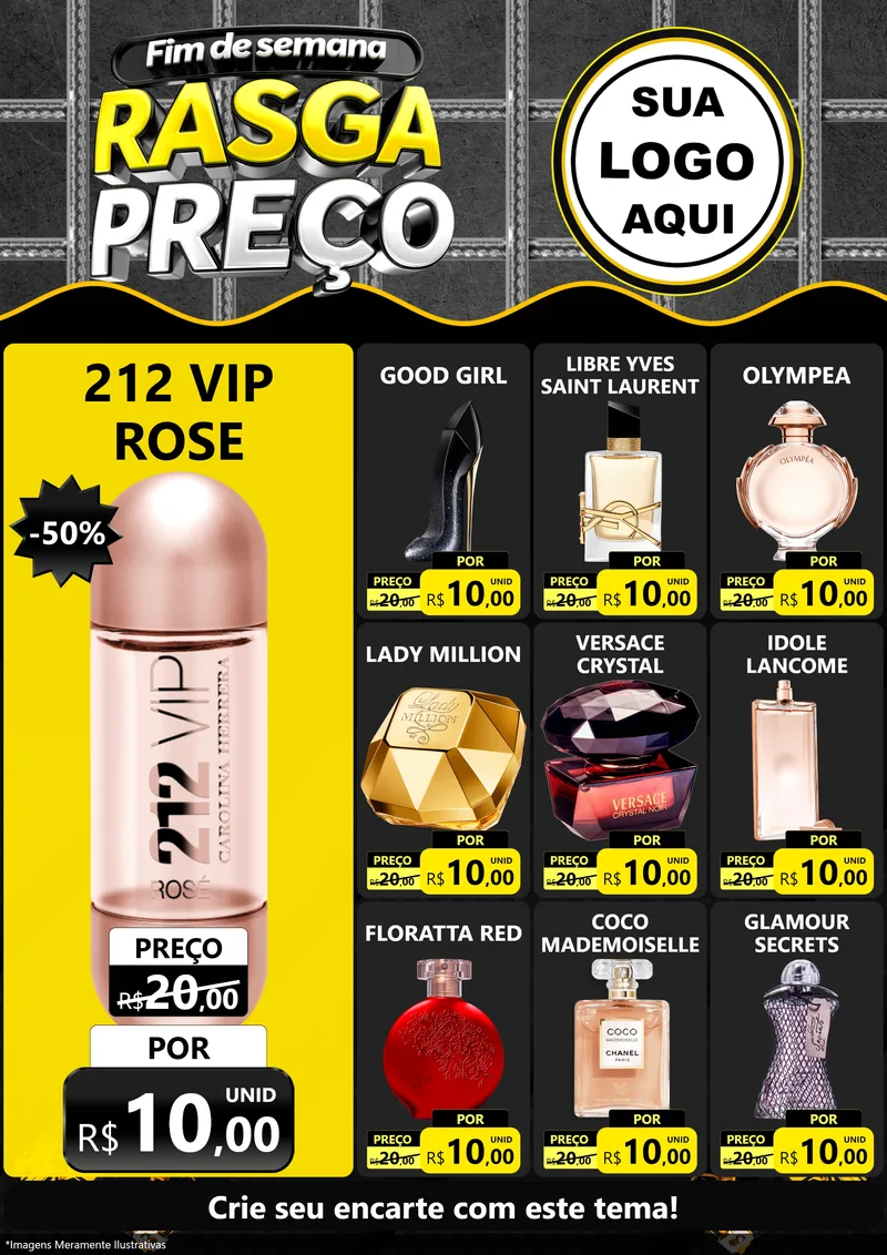 Modelo de Encarte para Encarte A4 Vertical com o tema Fim de Semana Rasga Preço para Perfumes